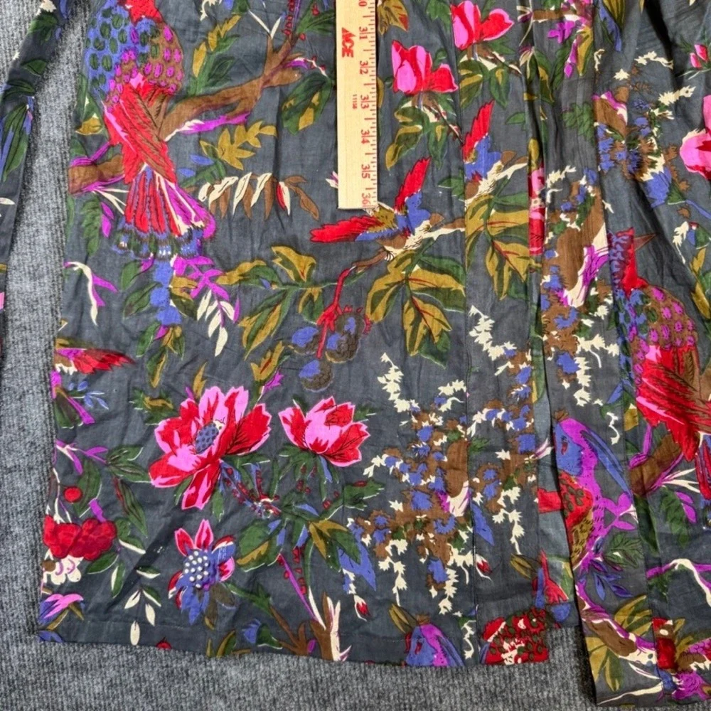 Sevya Handmade Floral Bird Print Cotton Robe Duster Gray Pink One Size Long
